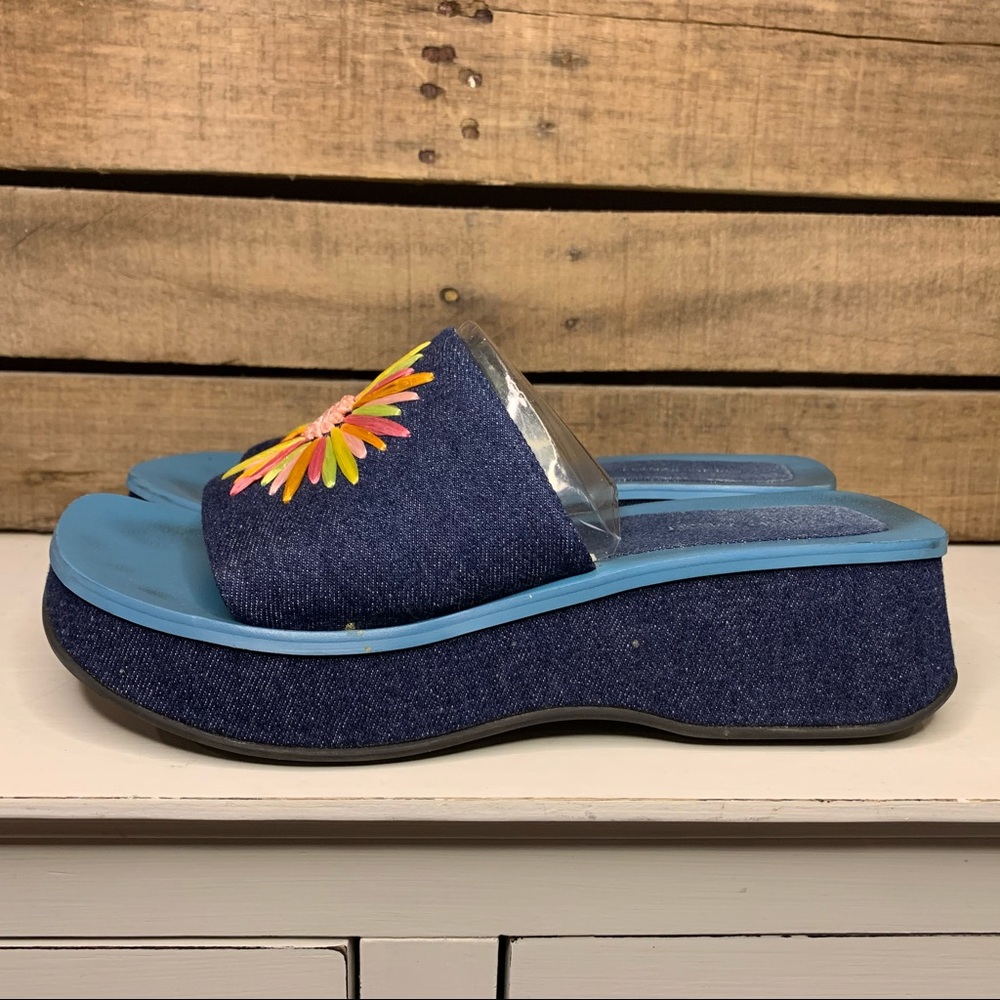VINTAGE Nine West Y2K Denim Square Toe Embroidered Platform Slides Size 7.5 - Picture 8 of 12